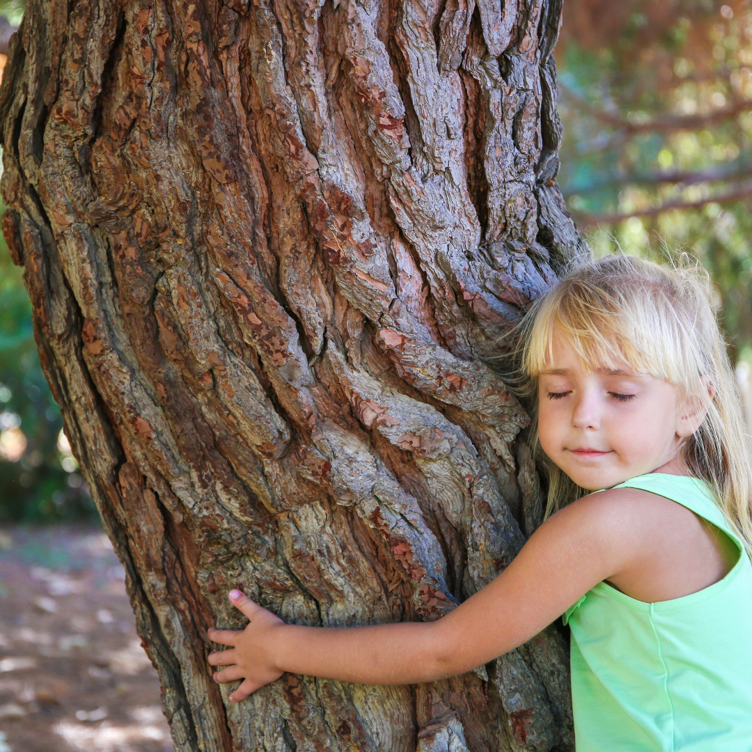 Child embracing a tree symbolizing inner child healing and connection to nature.