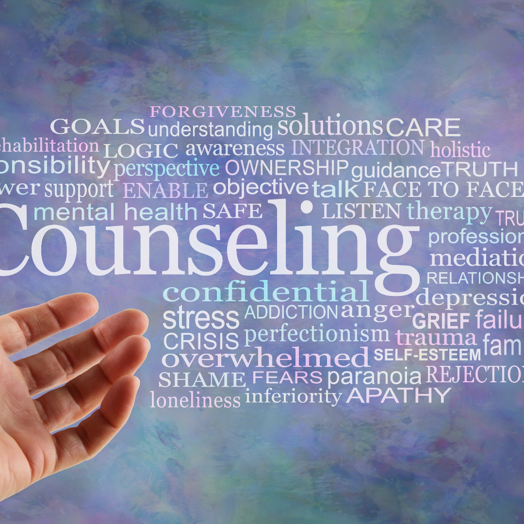 Graphic featuring 'counselling' as the central term, surrounded by related words like 'mind', 'body', and 'spirit'.